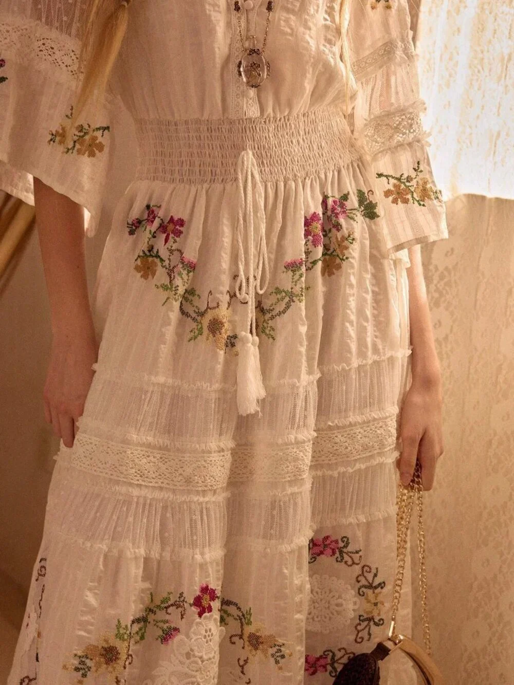 Beige Boho Women's Embroidered Patchwork Long Vacation Dress